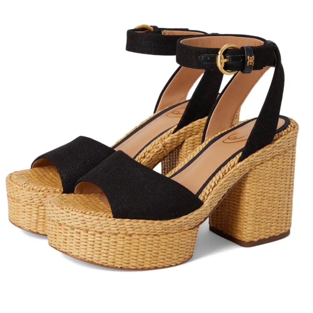 Sam Edelman Immie Platform Sandals Black Linen Size 9.5 NEW